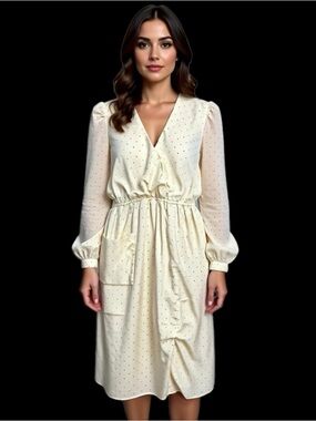 Vintage Gertrude Frairk Cream Polka Dot Long Sleeve V-Neck Dress size 8